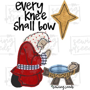 May include: A digital illustration of a man kneeling in prayer with a star above him. The text "every knee shall bow" is written above the man. The image is in a cartoon style with a white background.