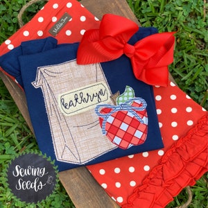 Brown Sack School Lunch with Apple Bow Embroidery Applique Design  (INSTANT DOWNLOAD)