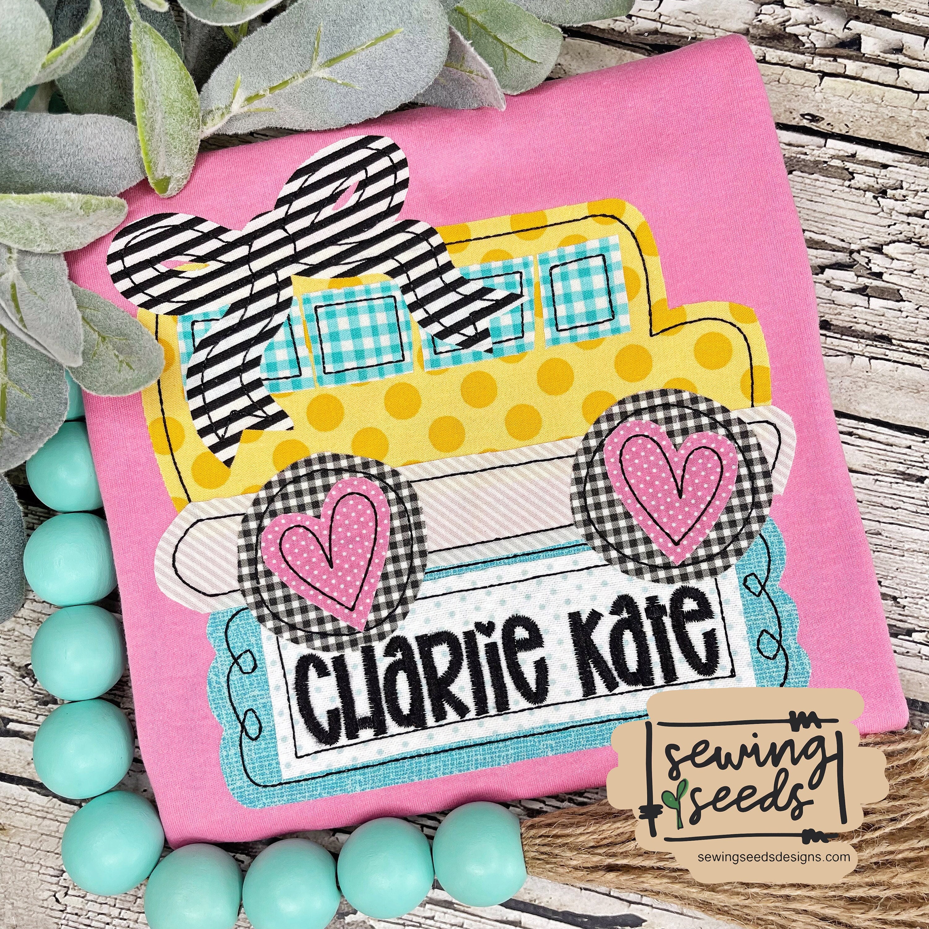 School Bus with BOW GIRL Applique Embroidery Design ***Instant DOWNLOAD