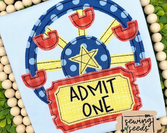 Fair Ferris Wheel with Ticket Name Tag Applique Design File for Embroidery Machine Instant Download