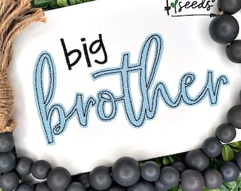 May include: A white wooden sign with the words "big brother" in black outlined blue lettering. The sign is decorated with a blue and white gingham pattern.