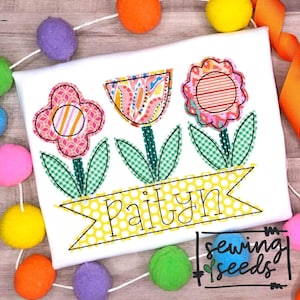 Flower Trio with Name Banner Design File for Embroidery Machine Instant Download
