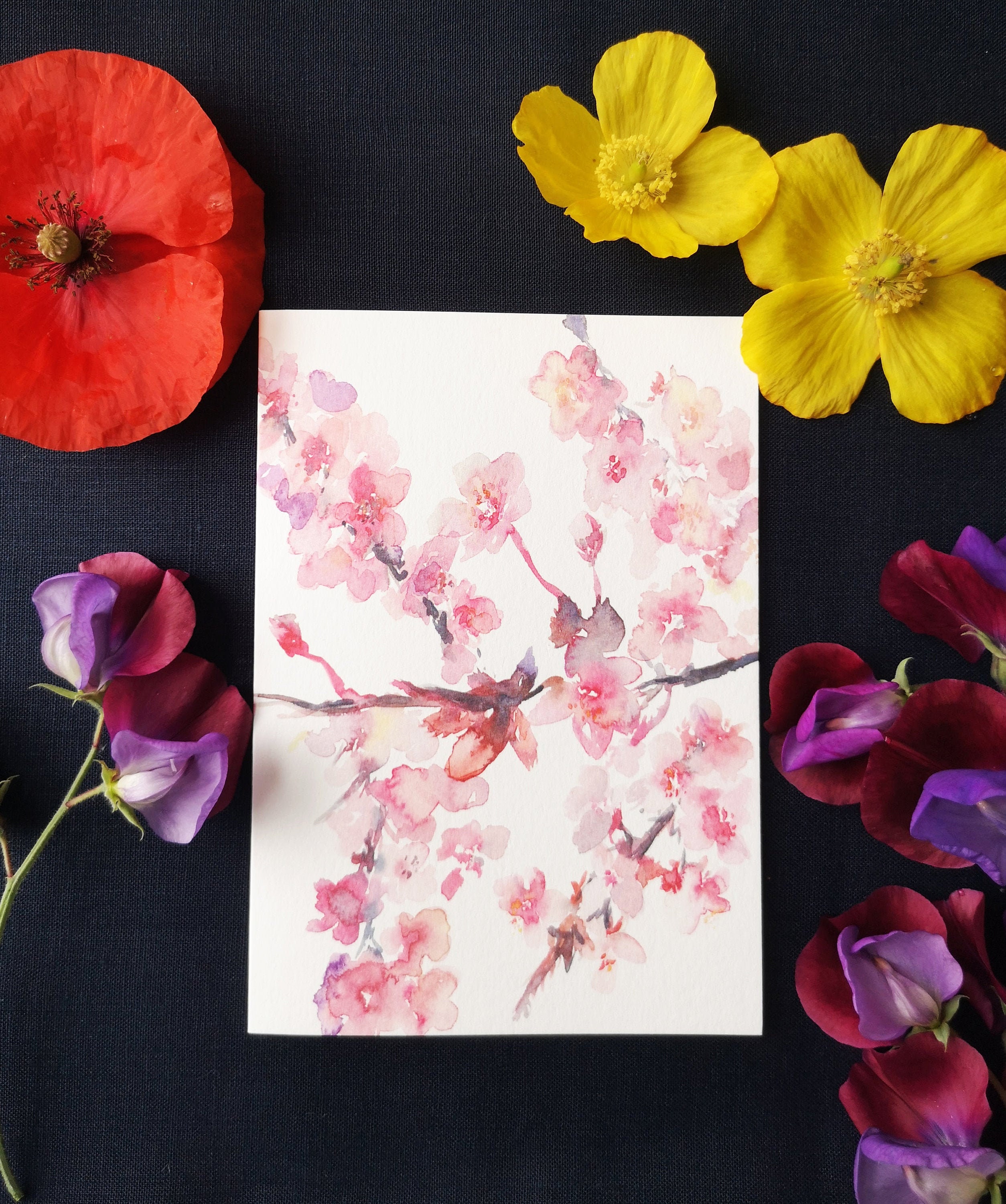 Cherry Blossom Pink Flowers Portrait Watercolour Greeting Card - Etsy