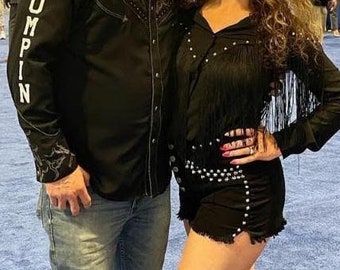 Black Silver Studded Shorts - High Waist Shorts, Festival Shorts, Concert, Stud Shorts, Cowgirl Shorts, Dance Shorts, Black Shorts