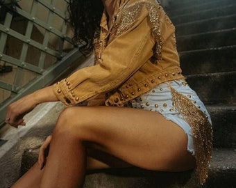 White Gold Fringe Studded Shorts - High Waist Shorts, Festival Shorts, Concert, Studded Shorts, Cowgirl Shorts, Fringe Shorts, White Shorts