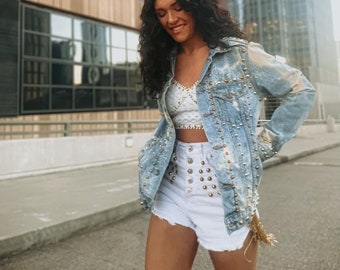 Fringe Studded Shorts - High Waist Shorts, Festival Shorts, Concert, Stud Shorts, Cowgirl Shorts, Fringe Shorts, White Shorts, Fringe Shorts