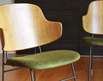 Pair of Kofod Larsen "Penguin" metal and bentwood chairs w/new green upholstery, circa 1960s