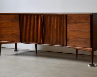 Exceptional 77” Helen Hobey Baker curved walnut sideboard/credenza, circa 1960s