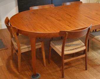 Restored Danish teak extendable dining set (Kofod Larsen table, six Hans Wegner CH23 chairs)