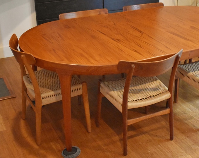 Restored Danish teak extendable dining set (Kofod Larsen table, six Hans Wegner CH23 chairs)