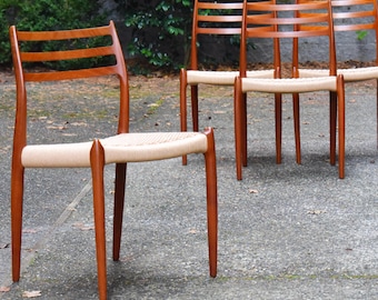 Four Danish teak Niels Moller 78 dining chairs w/new papercord seats
