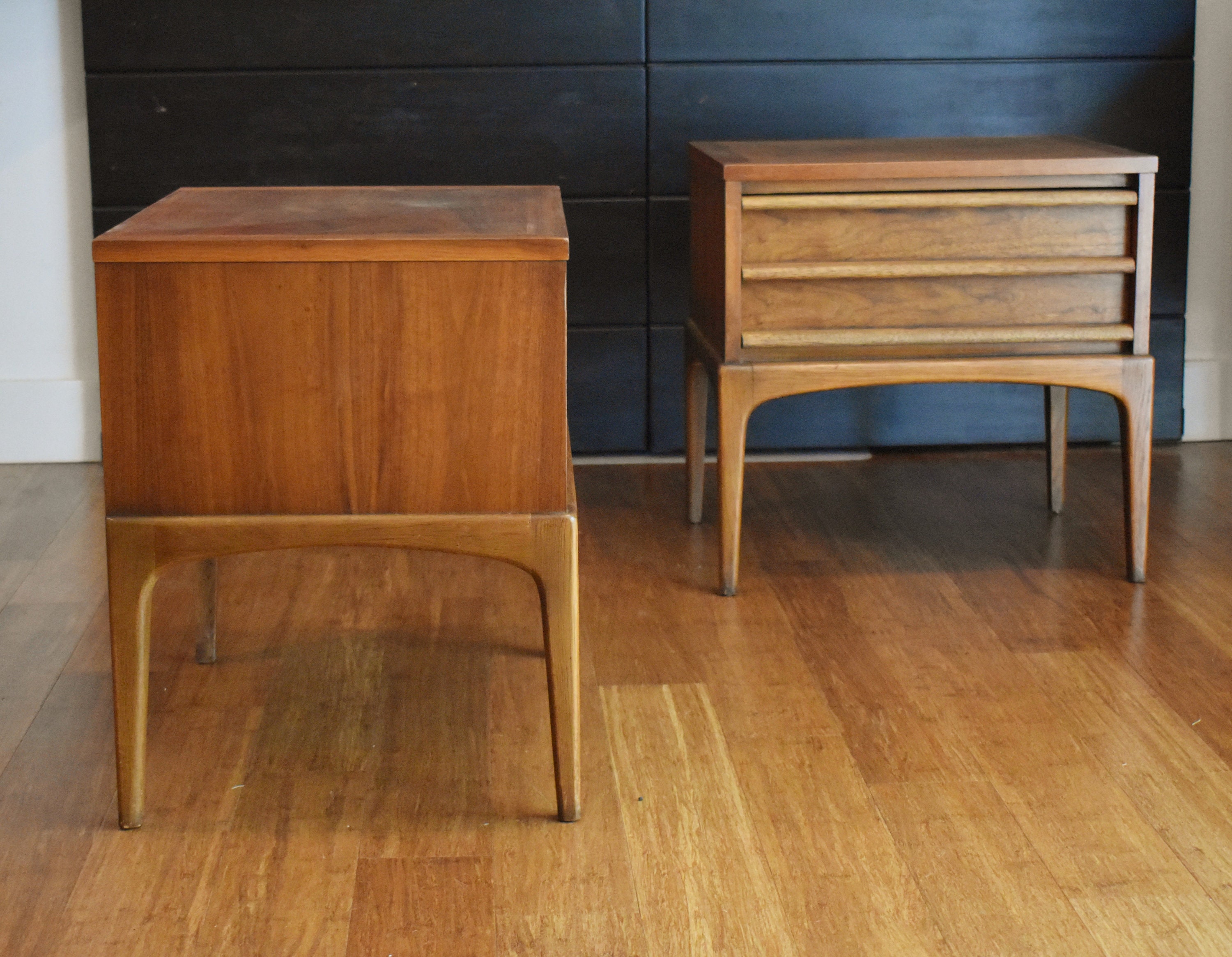 Pair of newlyrestored Lane Rhythm walnut nightstands or side tables