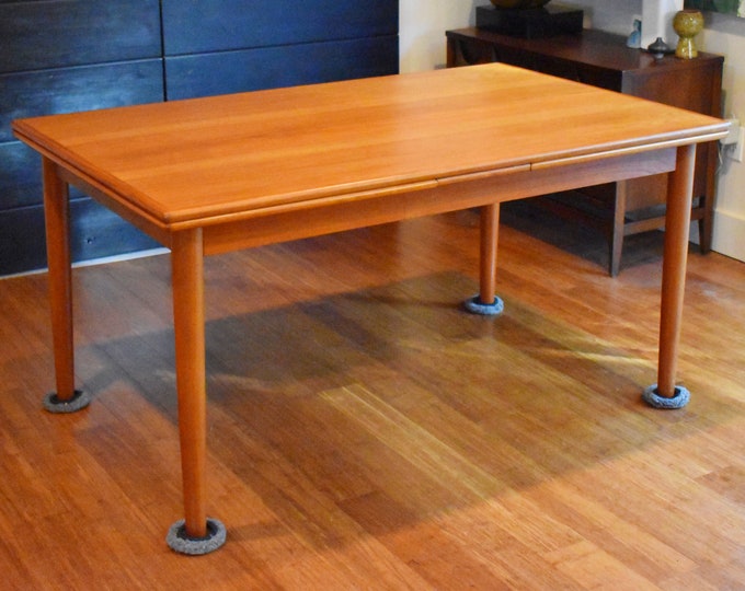 Extra-long restored Danish teak extendable rectangular dining table - (extends 57.5"-105" long)