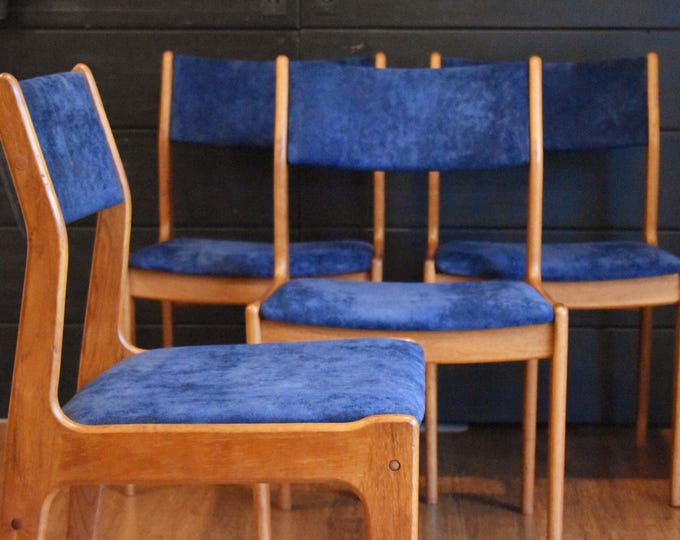Four Danish teak dining chairs by Scandinavia Woodworks w/new blue upholstery