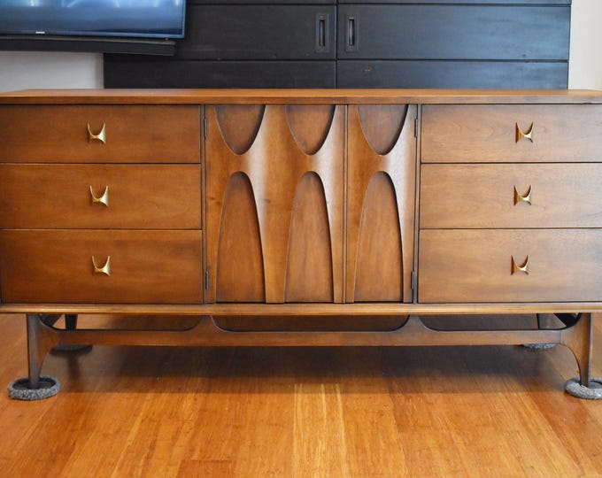 Newly-restored Broyhill Brasilia walnut triple-drawer credenza/sideboard (66" long)