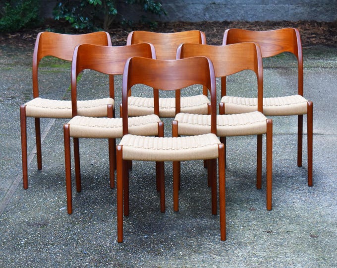 Six restored Danish teak Moller 71 dining chairs w/new papercord seats, circa 1960s