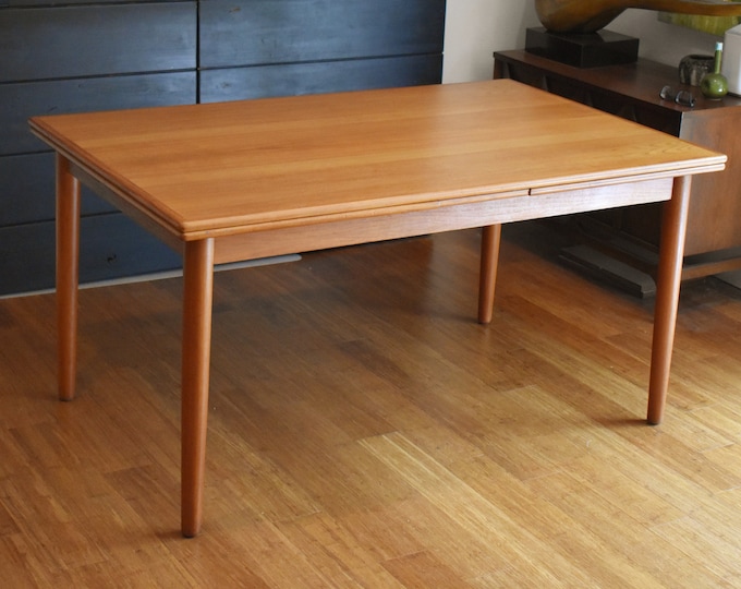 Extra-long restored Danish teak extendable rectangular dining table - (extends 57.5" - 105" long)