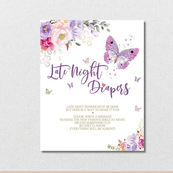 Late Night Diapers Sign Baby Shower, 8"x10" Purple Hot Pink Butterfly Decorate a Diaper Game Sign DIY Printable Template|VRD166GHT 305