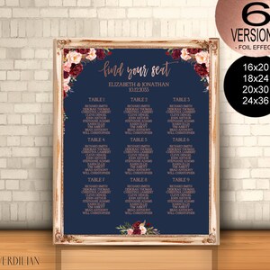 Navy Marsala Rose Gold Wedding Seating Chart Printable Template,6 Versions Party Seating Chart-DIY Editable PDF-DOWNLOAD Instantly|VRD130NWN