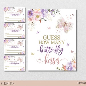 Pink Purple Guess How Many Butterfly Kisses Game Baby Shower Printable, Purple Gold Baby Girl DIY PDF Template - Instant Download|VRD166GDV