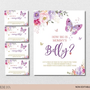 Placa para imprimir "Qual o tamanho da barriga da mamãe", borboleta rosa-choque roxa, 20 x 25 cm, cartões inclusos, modelo para chá de bebê faça você mesmo | VRD166GHN 305