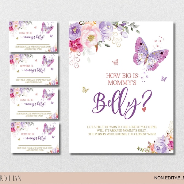 Printable How Big is Mommy's Belly Sign, 8"x10" Butterfly Hot Pink Purple, Cards Included, Baby Shower DIY Printable Template|VRD166GHN 305