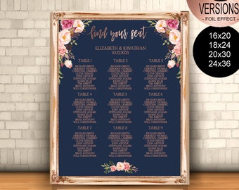 Pink Navy Rose Gold Wedding Seating Chart Printable Template,6 Versions Party Seating Chart-DIY Editable PDF-DOWNLOAD Instantly|VRD158NWN