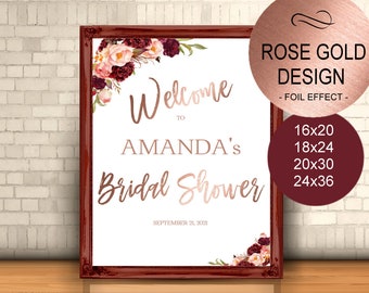 Marsala Bridal Shower Welcome Sign Template Reception Greet Guests Blush Rose Gold Printable, Welcome Poster Board DIY Template| VRD130BSR