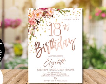 Rose Gold 18th Birthday Invitation Template Digital Birthday Party Invitation for Girls Corjl Evite Instant Download | VRD218BWRR