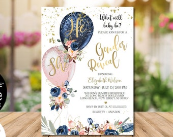 Gender Reveal Invitation He or She Gender Reveal Baby Gender Reveal Invitation, Navy Blue and Pink, Evite Corjl instant download |171HVD 410