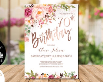 70th Birthday Invitation, Blush Rose Gold Floral Birthday Party Invitation for Women Digital Evite Corjl Instant Download | VRD570HDV