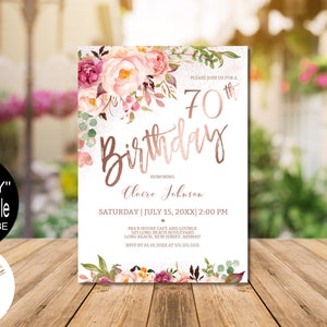 70th Birthday Invitation, Blush Rose Gold Floral Birthday Party Invitation for Women Digital Evite Corjl Instant Download | VRD570HDV