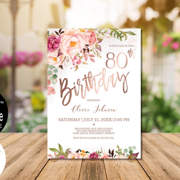80th Birthday Invitation Template Evite Blush Rose Gold Printable Birthday Party Invitation for Women Corjl Instant Download Evite|VRD580HDV