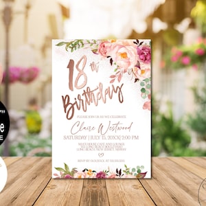 Rose Gold 18th Birthday Invitation for Girls Template Floral Birthday Celebration Digital Corjl Evite Printable Instant Download | VRD518GSR