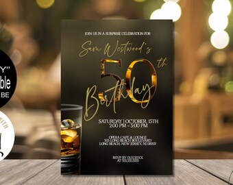 Surprise 50th Birthday Invitations for Men, Whiskey Vintage 50th Birthday Party Invitation Digital Corjl Evite Instant Download |VRD250WKS