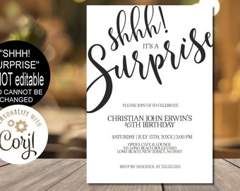 Invitation fête surprise, invitation d'anniversaire surprise pour homme, invitation surprise fête de retraite Corjl Instant Download Evite|VRD200KVS