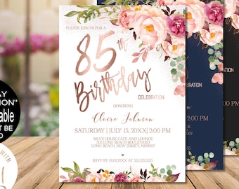 85th Birthday Invitation for Women, Digital Blush Pink Rose Gold Floral Birthday Party Invitation, Corjl Instant Download, Evite|VRD585GSR