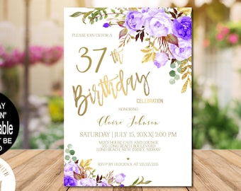 Purple Birthday Invitation for Women, Purple Invitation Purple and Gold Invitation Purple Flower Invitation Corjl Instant Download|VRD500DNS