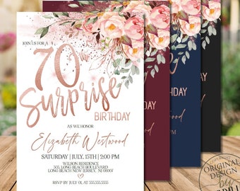 Surprise 70th Birthday Invitations for Women, Rose Gold Floral Surprise 70th Birthday Party Invitations Corjl Instant Download|VRD570BSS z3