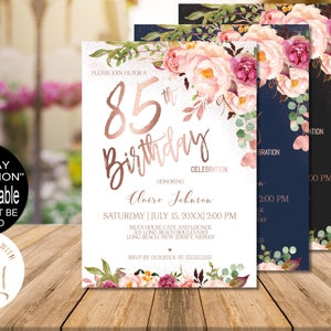 85th Birthday Invitation for Women, Digital Blush Pink Rose Gold Floral Birthday Party Invitation, Corjl Instant Download, EviteVRD585GSR image 1