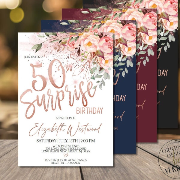 Surprise 50th Birthday Invitations for Women, Rose Gold Floral Surprise 50th Birthday Party Invitations Corjl Instant Download|VRD550BSS z3