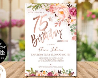 75th Birthday Invitation for Women, Digital Blush Pink Rose Gold Floral Birthday Party Invitation, Corjl Instant Download, Evite|VRD575GSR