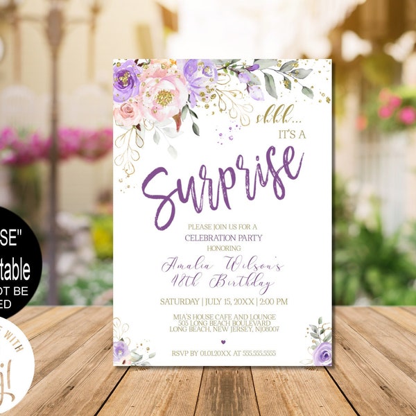 Surprise Purple Birthday Invitation for women, Purple Pink Gold Surprise Party Invitation, Any Age Evite Corjl Instant Download | VRD500DWP