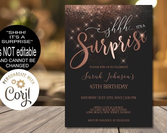 DIY Any Age Surprise Birthday Invitation Surprise Rose Gold Birthday Invitation for Women, Printable Corjl Instant Download Evite |VRD500HKR