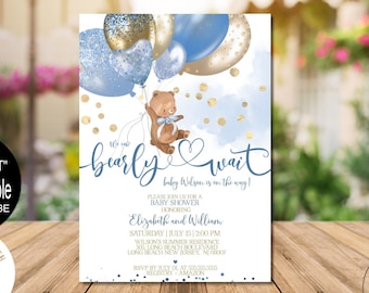 Teddy Bear Baby Shower Invitation Boy, We Can Bearly Wait Baby Shower Invitation Baby Boy Shower Corjl Instant Download Evite |VRD145BVS 407