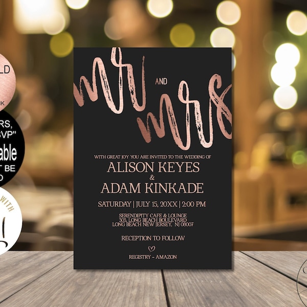 Rose Gold Wedding Invitation Black and Rose Gold Wedding Invitation Black and Rose Gold Digital Corjl Phone Evite Instant Download|VRD115ANK