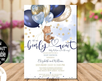 Teddy Bear Baby Shower Invitation Digital, Blue Gold, Navy Gold Bear We can Bearly Wait Baby Boy Corjl Instant Download, Evite |VRD145NVS