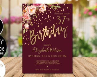 Burgundy Birthday Invitation Printable, Digital Editable Birthday Party Invitation for Women, Any Age Evite Corjl Instant Download|VRD200SDZ