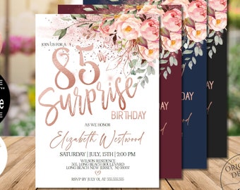 Surprise 85th Birthday Invitations for Women, Rose Gold Floral Surprise 85th Birthday Party Invitations Corjl Instant Download|VRD585BSS z3