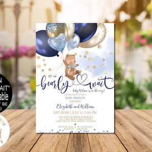 Teddy Bear Baby Shower Invitation Digital, Blue Gold, Navy Gold Bear We can Bearly Wait Baby Boy Corjl Instant Download, Evite |VRD145NVS